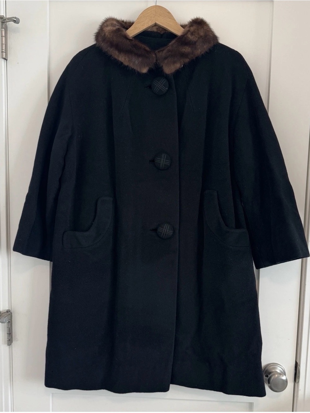 Vtg 50s 60s Wool Swing Coat Genuine Mink Fur Collar Black ILGWU Union Made L XL